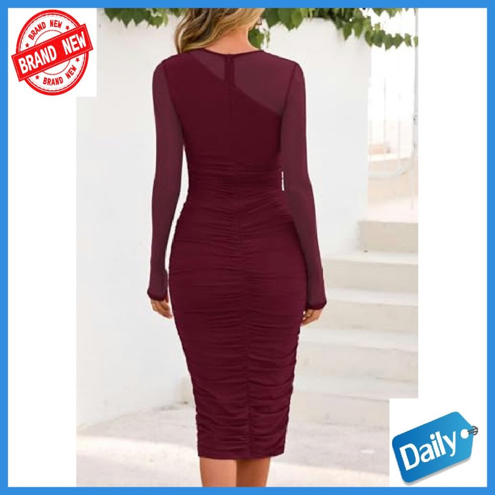Long Sleeve Mesh Bodycon Dress Mock Neck Ruched Cocktail Party - Picture 3 of 8